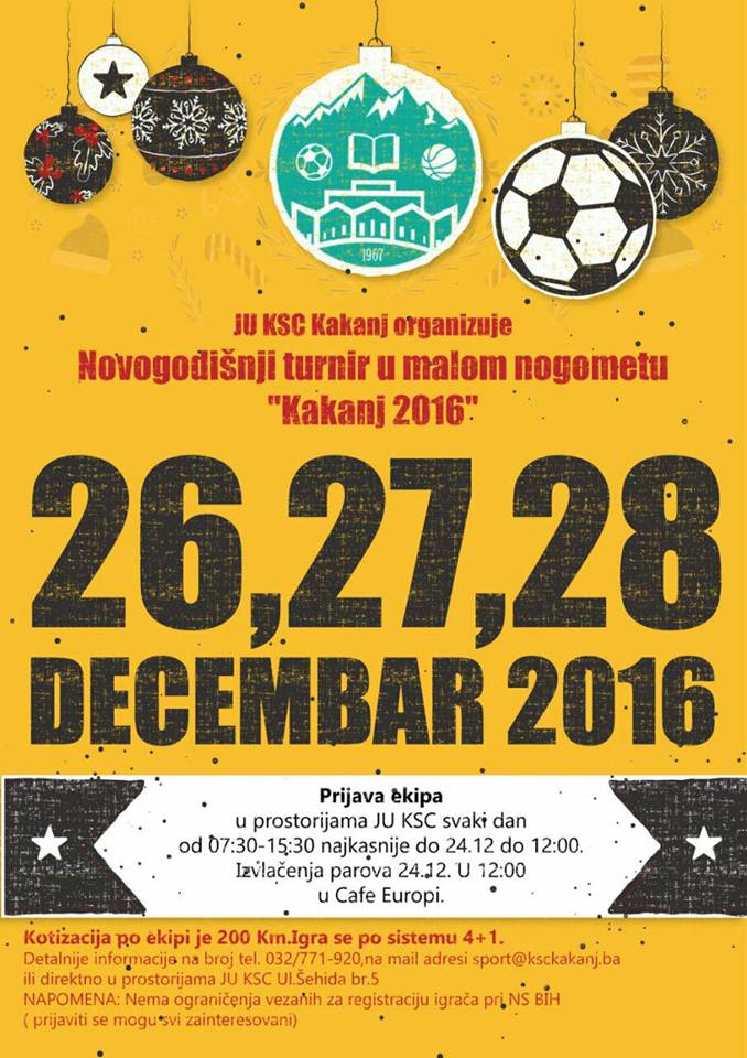 Kakanj: Objavljen poziv za učešće na “Novogodišnjem turniru u malom nogometu 2016.”