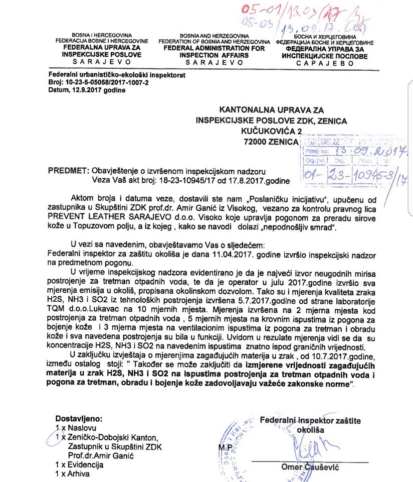 Federalna uprava za inspekcijske poslove: TQM d.o.o Lukavac u svom izvještaju tvrdi da nema opasnosti od Preventovog smrada