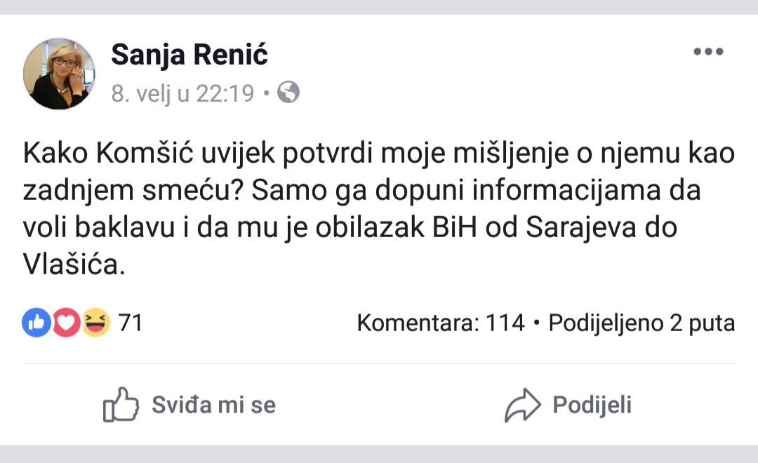 Sanja Renić (NS) zastupnica u Skupštini ZDK: “Moje mišljenje o Komšiću kao o zadnjem smeću”