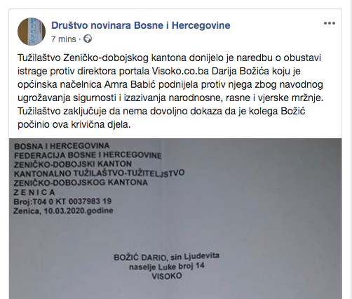 Društvo novinara BiH / Tužilaštvo ZDK obustavilo istragu protiv Darija Božića po prijavi Amre Babić
