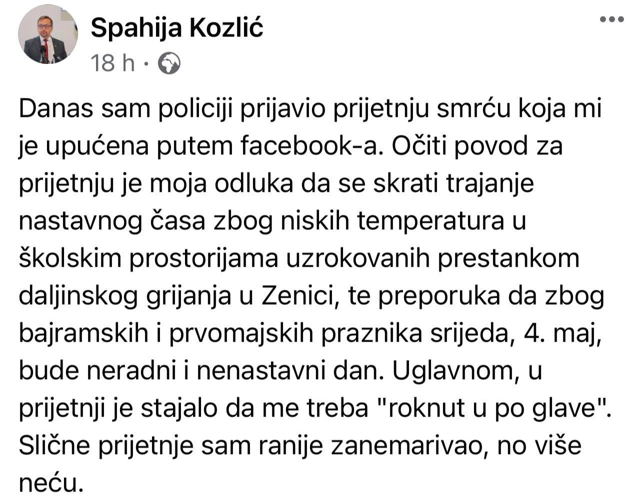 Ministar Spahija Kozlić policiji prijavio prijetnje na društvenim mrežama