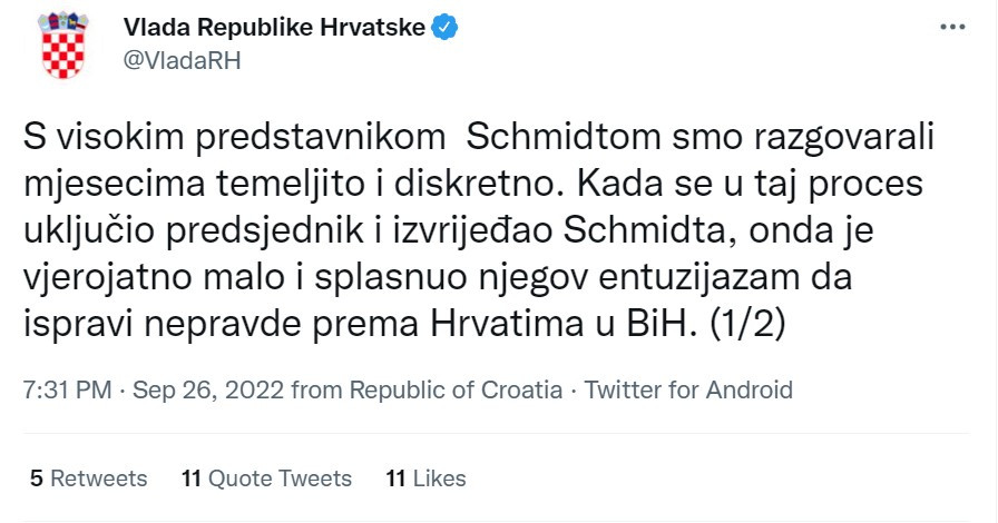 Vlada RH priznala da je dogovarala izmjene Izbornog zakona u BiH s visokim predstavnikom Christianom Schmidtom