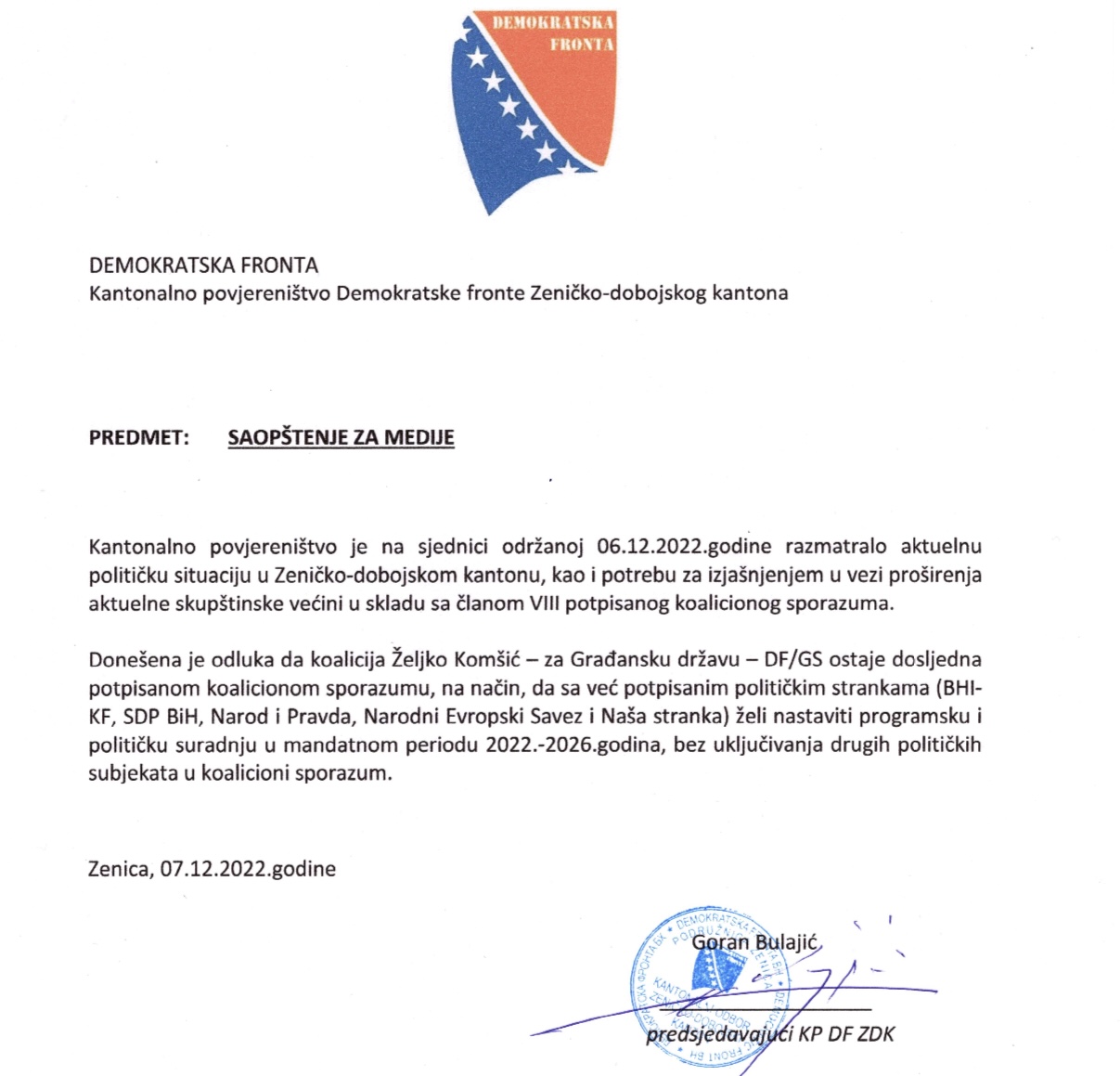 Zvanično: DF ne želi HDZ u vlasti sa “Šestorkom” u ZDK
